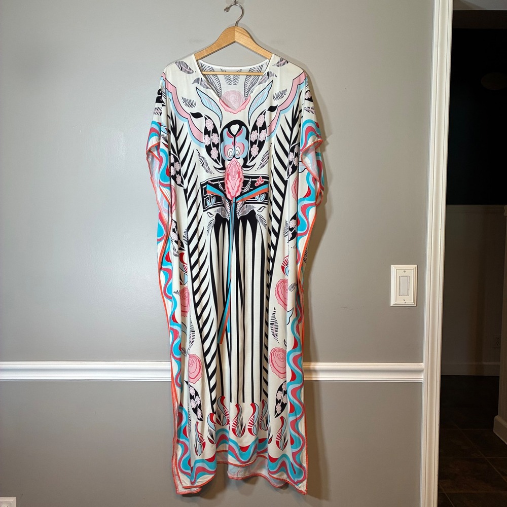 Graphic Print Kaftan Maxi Dress Pink Blue Abstract Floral Resort One Size
